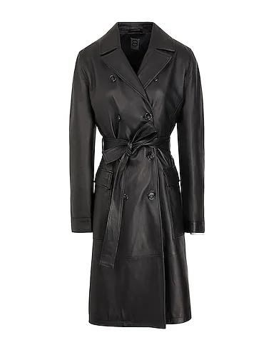 Black Double breasted pea coat LEATHER DB BELTED TRENCH COAT
