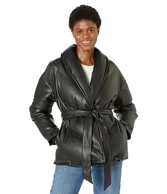 Black Faux Leather Puffer Jacket with Belt Closure
