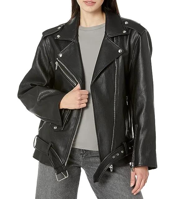 Black Leather Textured Long Moto Jacket in Finding Love