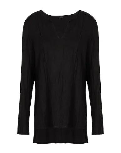 Black Plain weave Blouse LINEN V-NECK L/SLEEVE TOP

