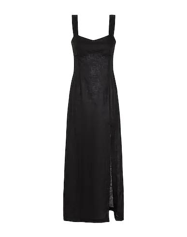 Black Plain weave Long dress LINEN FRONT-SLIT LONG DRESS