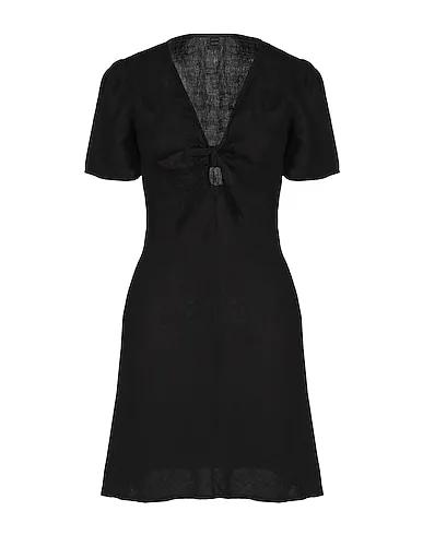 Black Plain weave Short dress LINEN S/SLEEVE MINI DRESS

