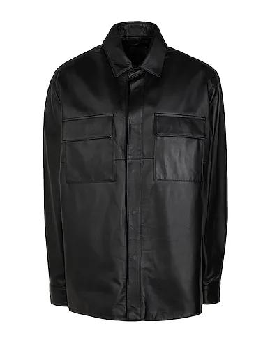 Black Solid color shirt LEATHER DOUBLE PATCH POCKET OVERSIZE SHIRT