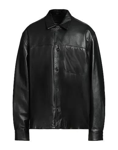 Black Solid color shirt LEATHER SINGLE POCKET OVERSIZE SHIRT
