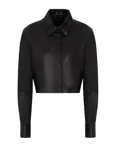 Black Solid color shirts & blouses LEATHER L/SLEEVE CROP OVERSHIRT
