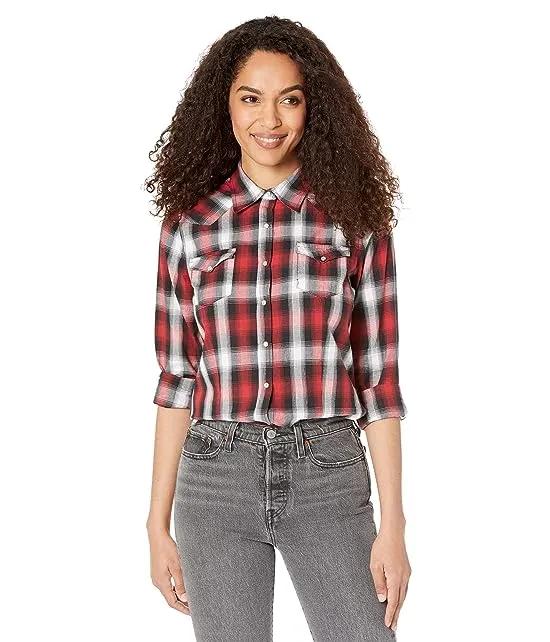 Black, White, Red Ombre Plaid Western Blouse w/ Snaps