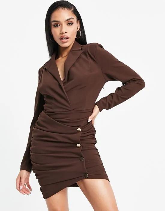 blazer dress with button detail skirt in chocolate