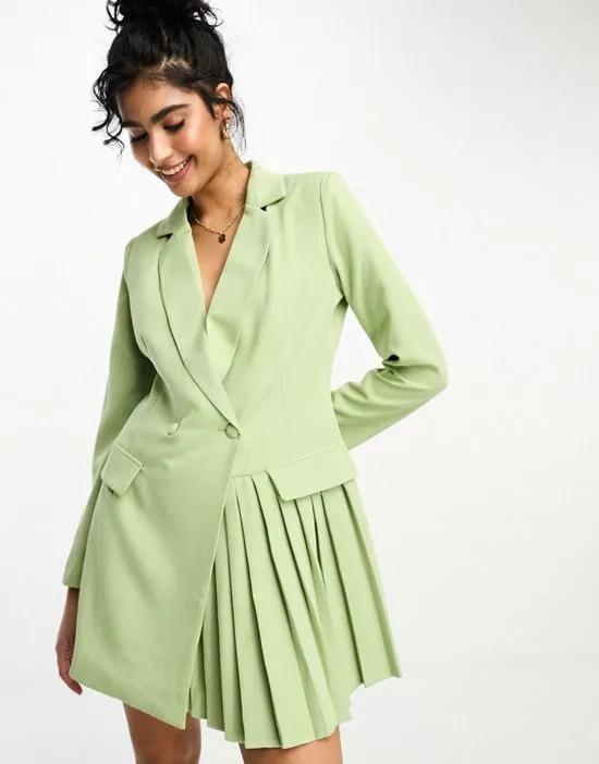 blazer dress with pleat hem detail in sage green