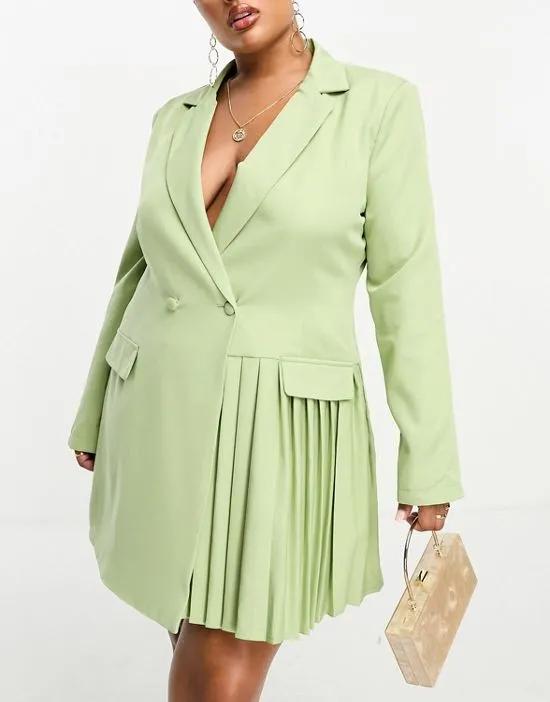 blazer dress with pleat hem detail in sage green