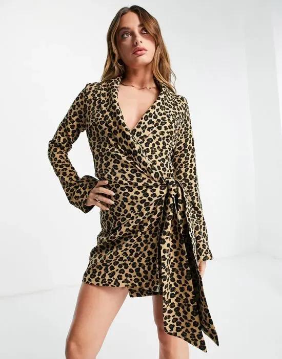 blazer wrap mini dress in leopard print