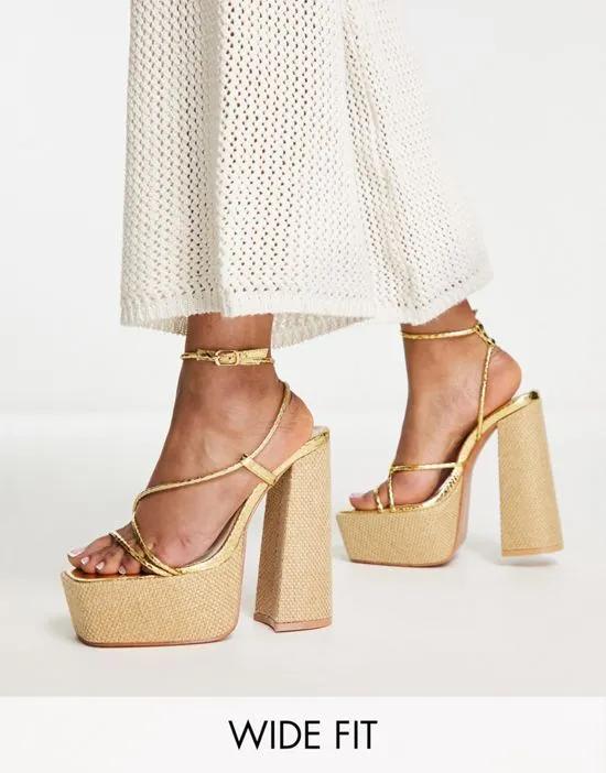 Blissful raffia strappy platform shoes in gold