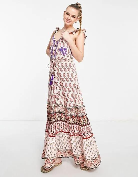Blooming Trails ruffle strap printed maxi dress in multi