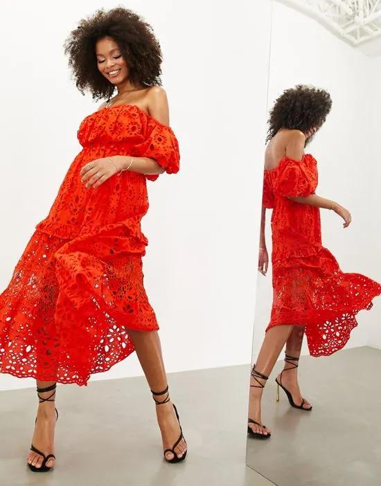 blouson off shoulder tiered eyelet midi dress in tomato red
