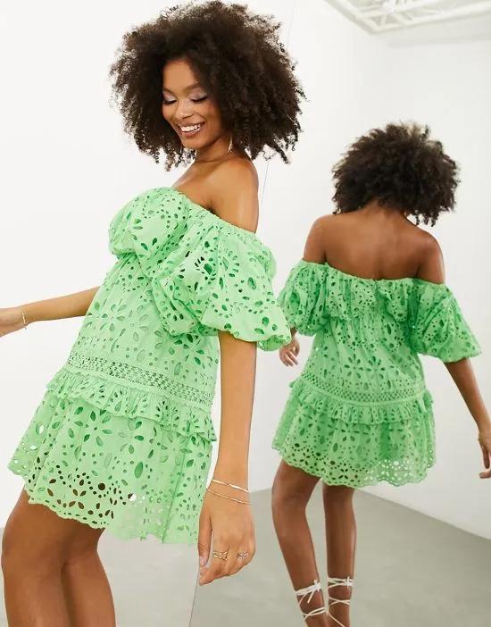 blouson off shoulder tiered eyelet mini dress in bright green