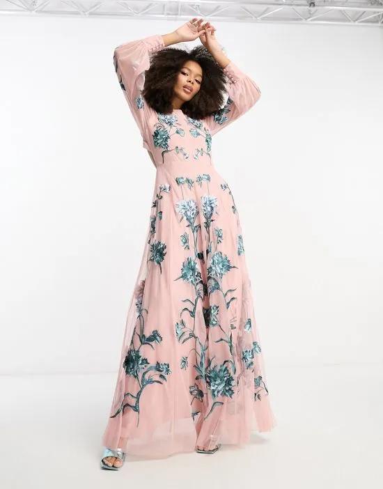 blouson sleeve floral embroidered maxi dress with open back in light pink