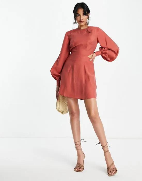 blouson sleeve mini dress with open back in washed textured fabric