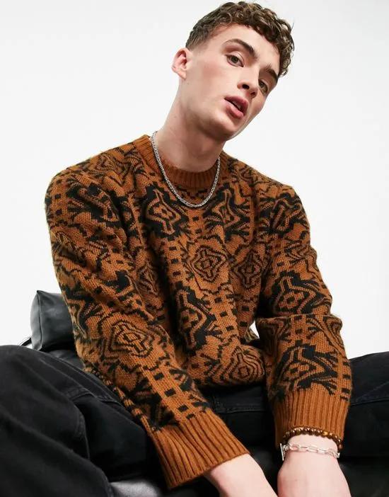 blown up tile print graphic sweater in rust