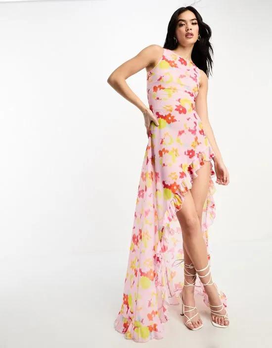 blurred acid floral print sheer chiffon maxi dress in pale pink