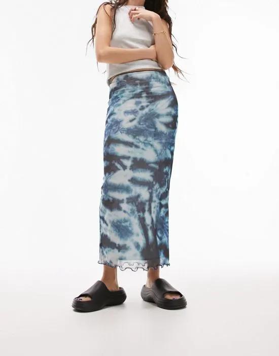blurred animal picot trim midi mesh skirt in navy