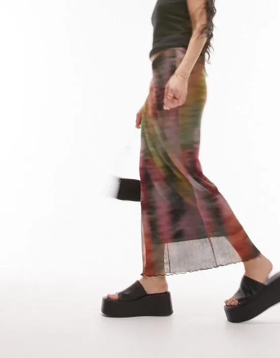blurred watercolor printed plisse midi skirt in multi