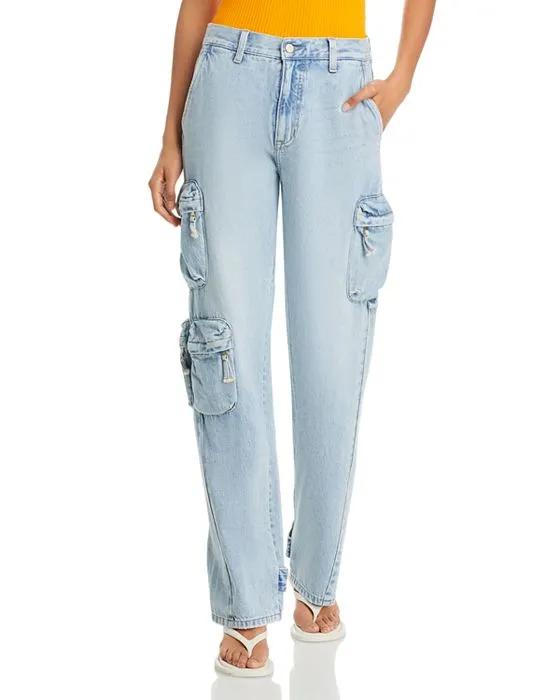 Bobbie High Rise Loose Straight Leg Cargo Jeans in Tidal Wave