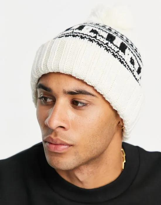 bobble beanie with fair isle in blue and white - WHITE