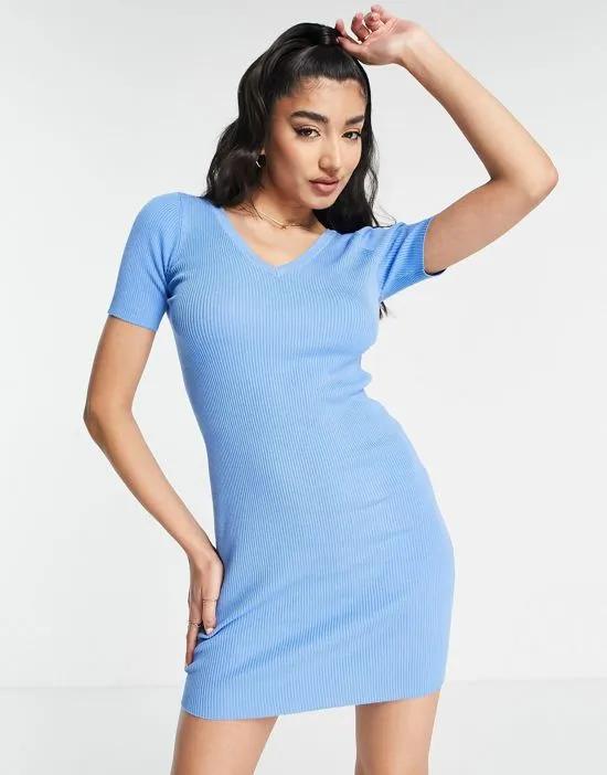 body-conscious knit v neck mini dress in blue
