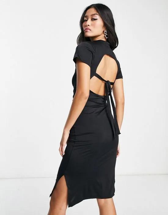 body-conscious midi dress with open tie back in black