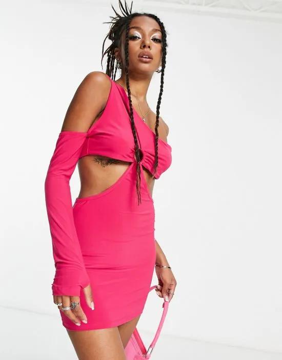 body-conscious mini dress with slash detail in hot pink