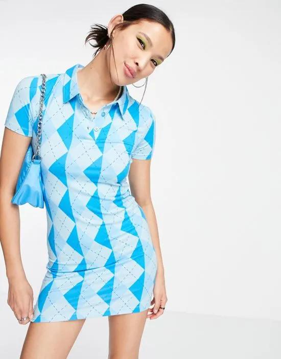 body-conscious polo dress in blue argyle print