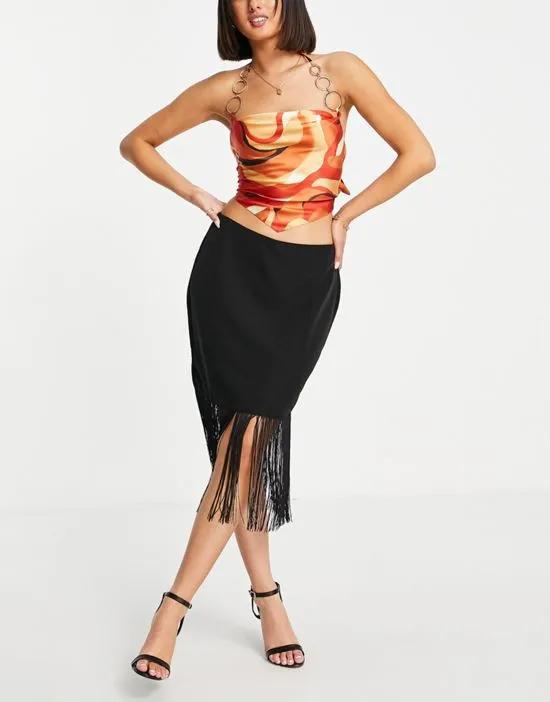 body-conscious tassel midi skirt in black