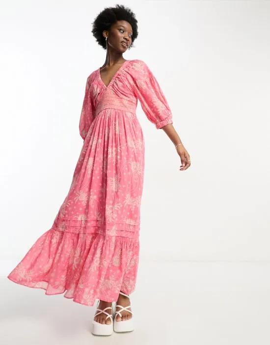 boho print v-neck maxi dress in electro pink