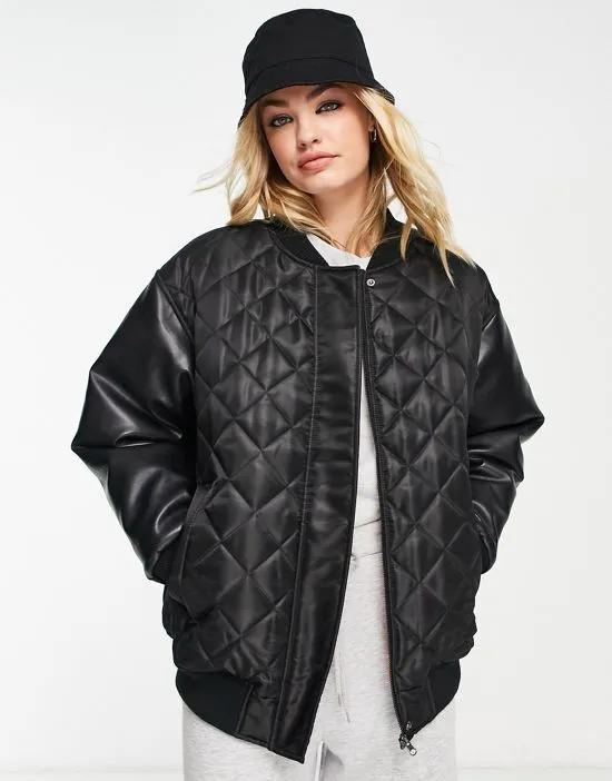 bomber jacket with faux leather sleeves in black