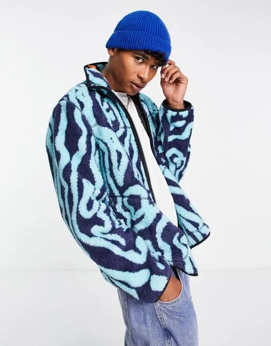 borg fleece walker jacket in blue swirl print