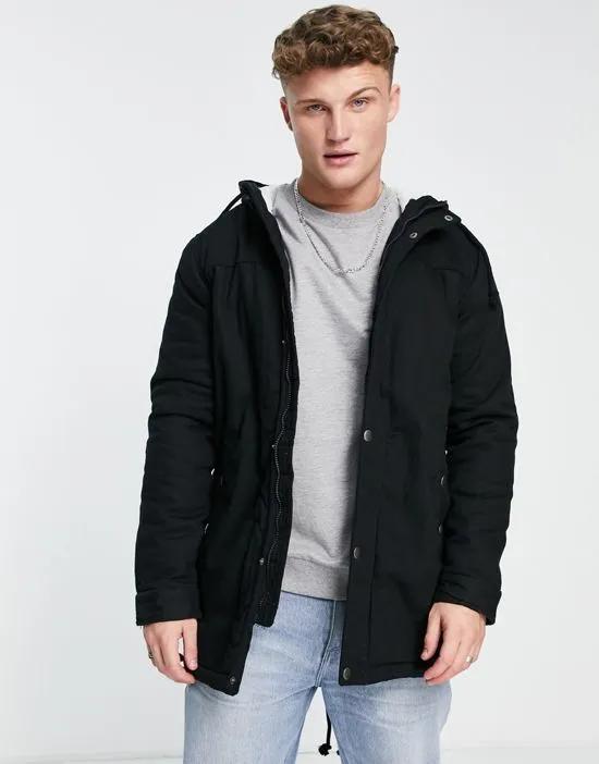 borg lined parka coat with hood in black