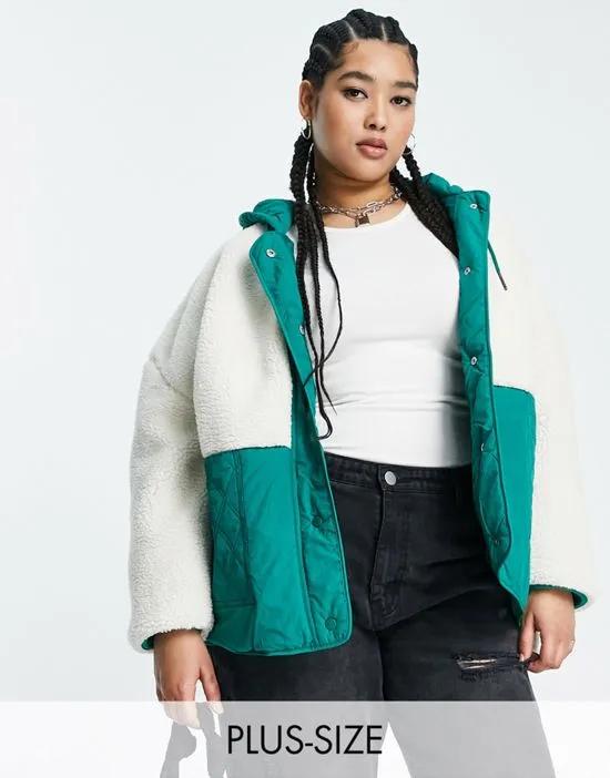 borg & quilted jacket in green & cream