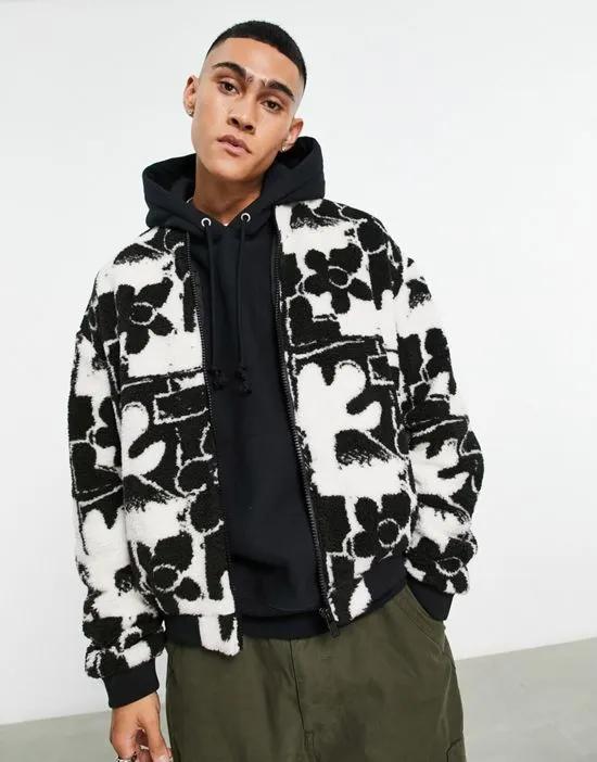 borg walker jacket with floral print in black and white
