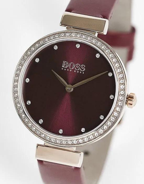 BOSS classic watch with crystal detail and real leather strap in burgundy