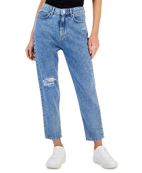 BOSS Women's Mid-Rise Ripped Tapered Relaxed Denim Jeans