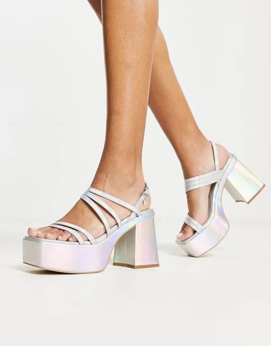 Bossy platform shoes with flared heel in iridescent silver