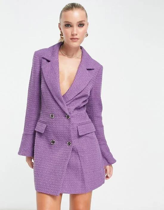 boucle blazer dress with fluted sleeve in purple