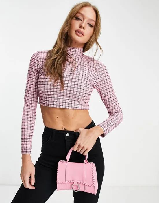 boucle check funnel neck top in checked print