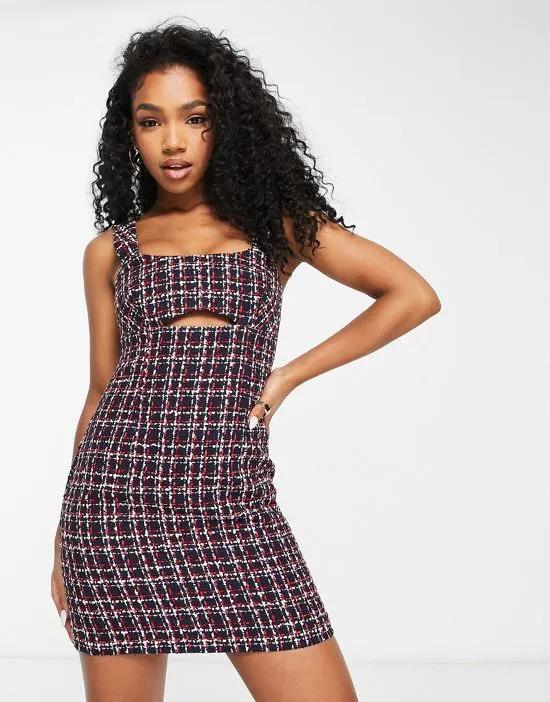 boucle mini pinny dress with cut out detail in navy plaid