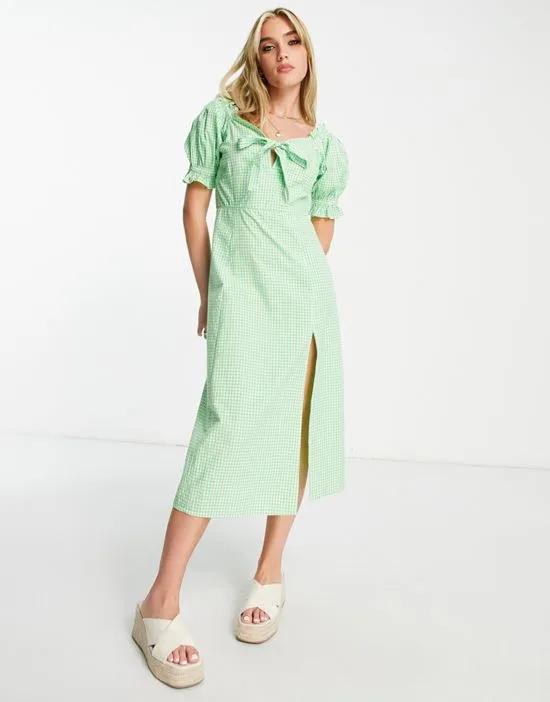 bow front midi dress in green gingham