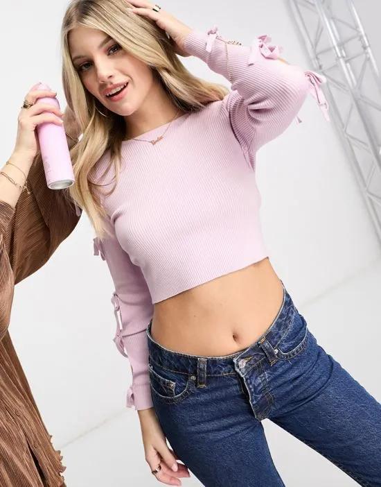 bow sleeve detail ribbed knit top in lilac