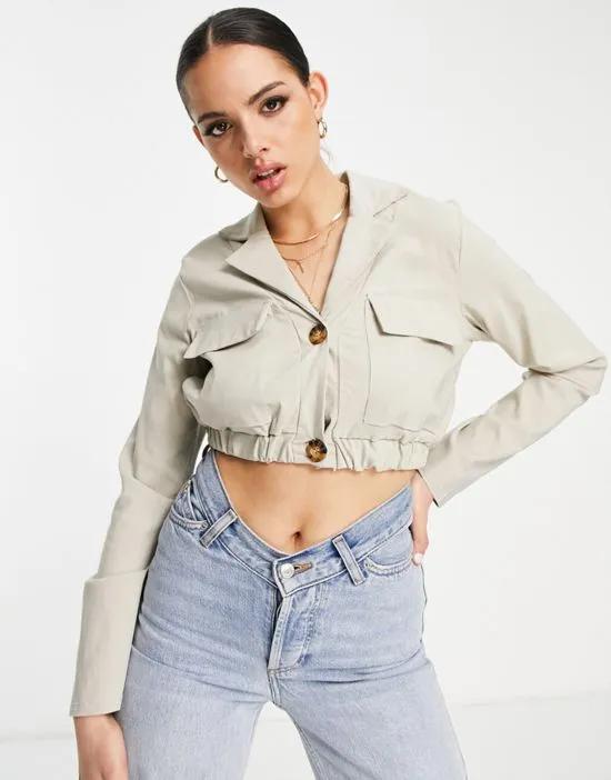 boxy crop utility shirt in camel