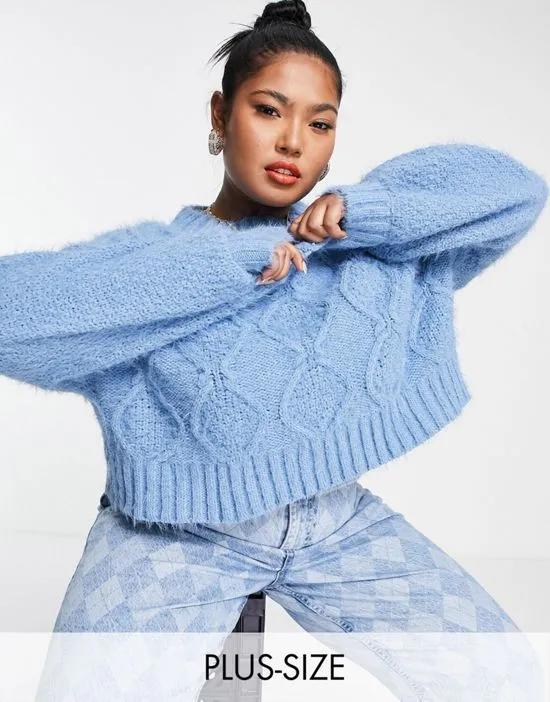 boxy cropped knitted sweater in blue cable