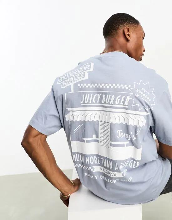 boxy fit food back printed t-shirt in blue