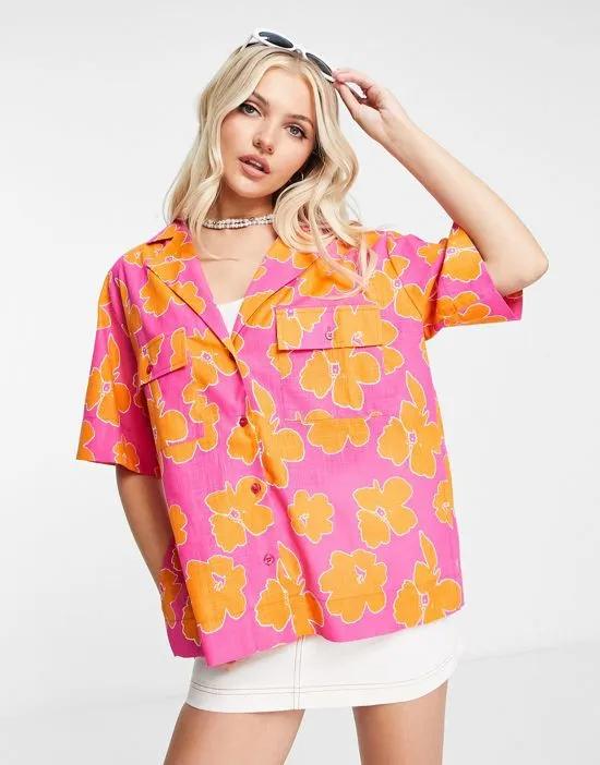 boxy linen mix shirt in bright pink & orange tropical floral print
