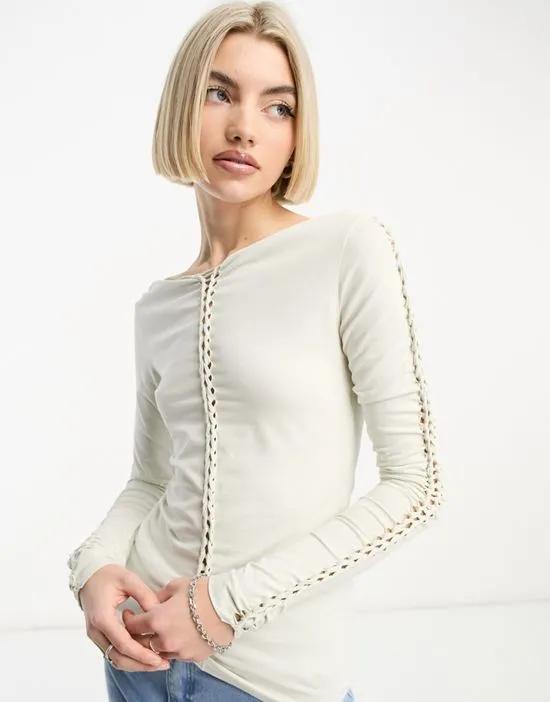 Braid cut out long sleeve top in off-white